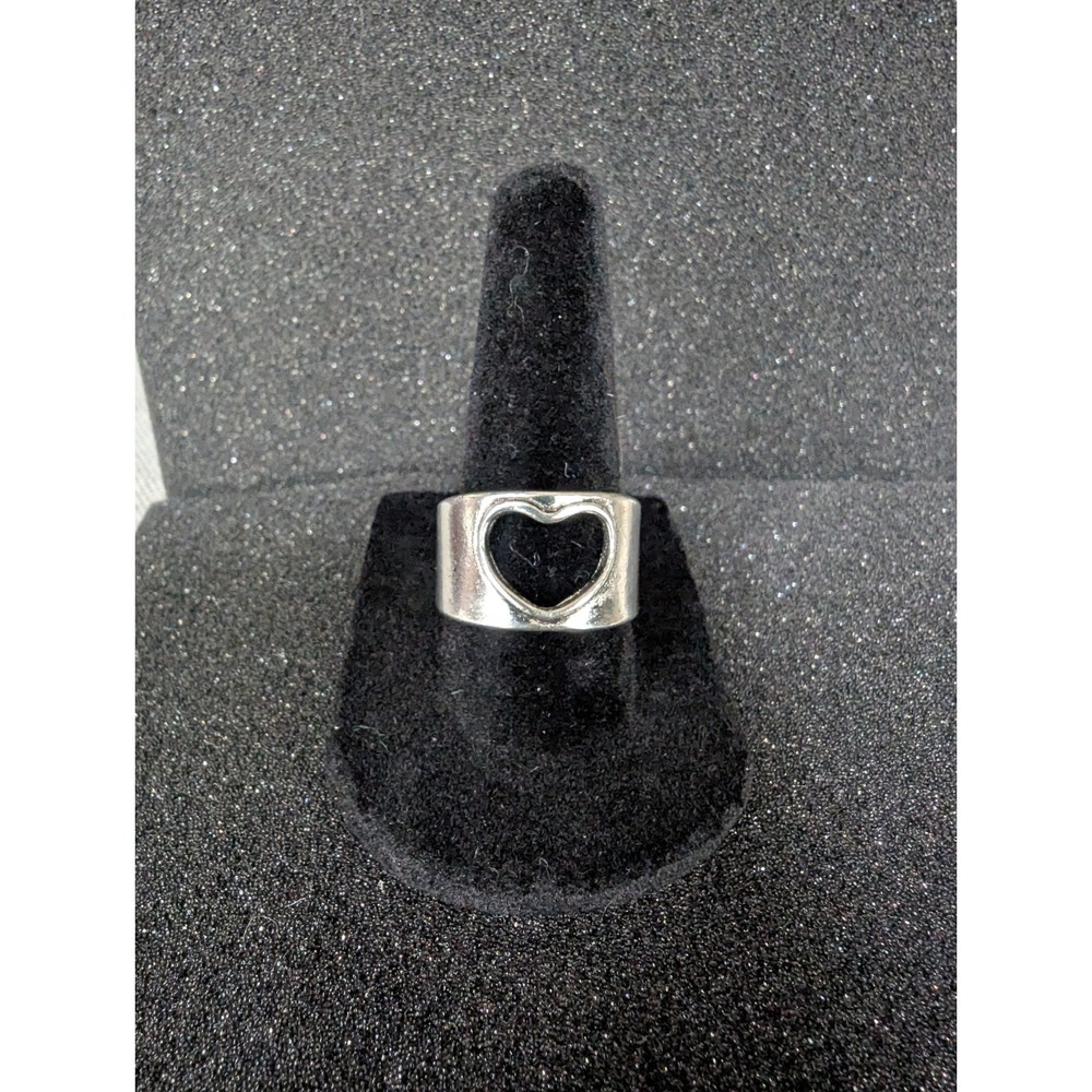 Silver Tone Heart Cutout Wide Band Ring - size 8